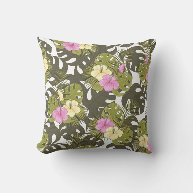 Coussin Feuilles de jungle tropicale et motif d'hibiscus (Recto)