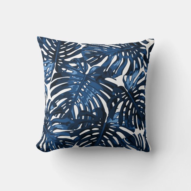 Coussin Feuilles de la jungle tropicale Bleue de la Marine (Recto)
