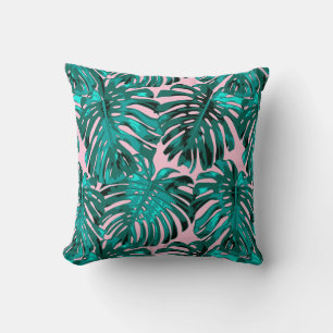 Coussin Feuilles de la jungle tropicale Turquoise rose