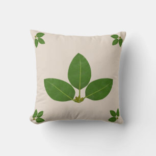Coussin Feuilles de Laurier Vert Moderne sur Fond Beige
