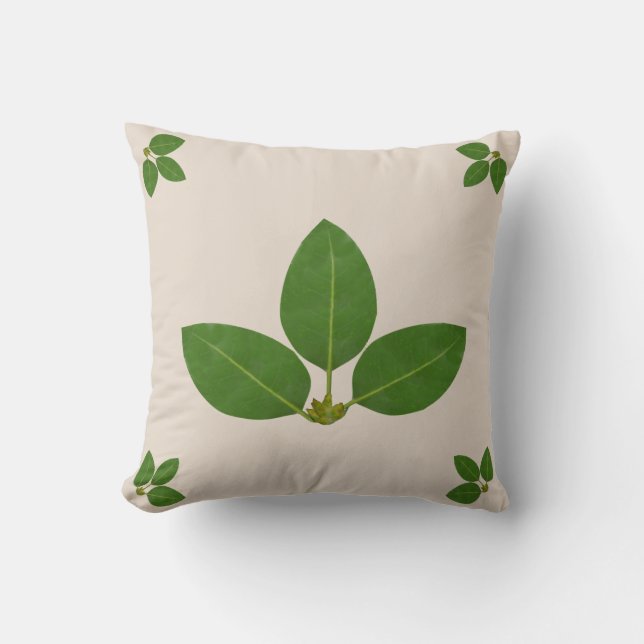 Coussin Feuilles de Laurier Vert Moderne sur Fond Beige (Recto)