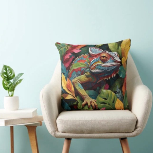 Coussin Feuilles de lézard et couleur (Colourful Lizard Tropical Jungle Art pillow high quality 100% polyester hidden zipper enclosure. )
