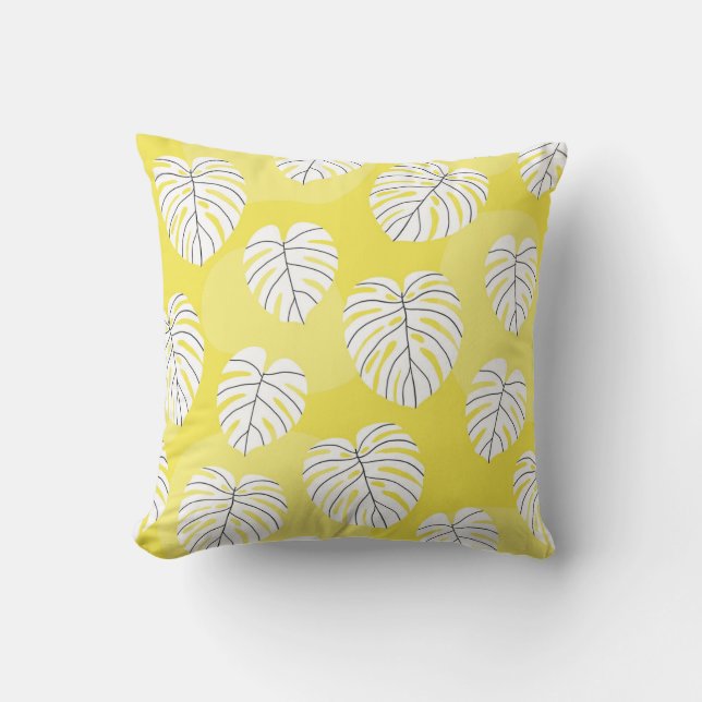 Coussin Feuilles de Monstera, arrière - plan jaune vif. (Recto)