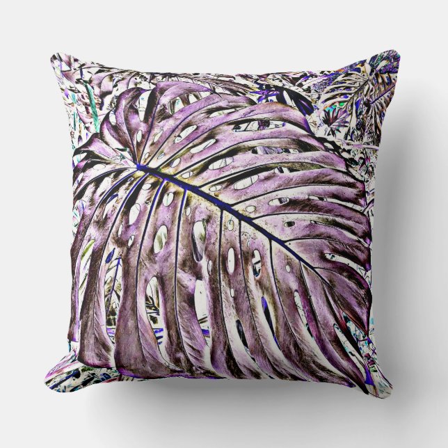 Coussin Feuilles de Monstera Tropical en violet (Recto)