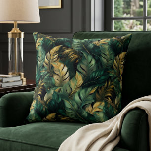 Coussin Feuilles de Monstera vertes et dorées élégantes