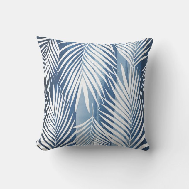 Coussin Feuilles de palme blanc bleu tropical moderne (Recto)