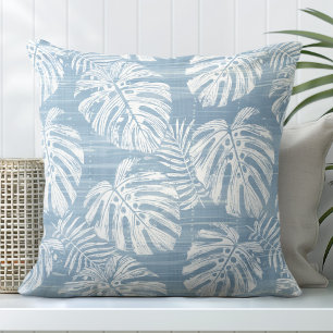 Coussin Feuilles de palme bleu clair et blanc Monstera
