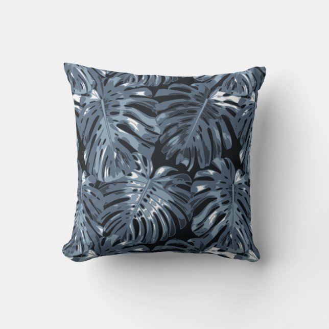 Coussin Feuilles de palme bleu foncé tropical (Recto)