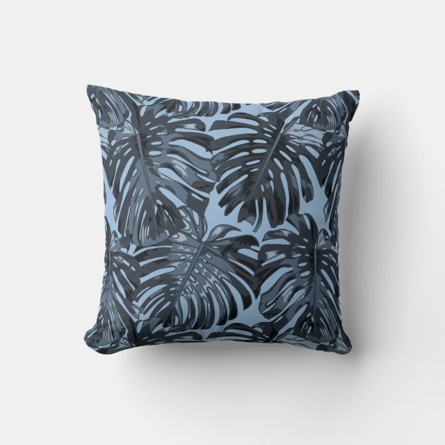 Coussin Feuilles de palme bleu gris tropical (Recto)