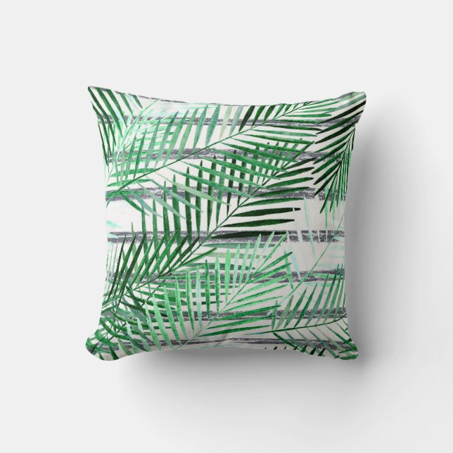 Coussin Feuilles de palme sur fond rayé noir et blanc (Recto)