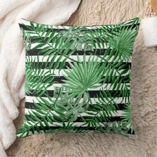 Coussin Feuilles de palme tropicales Motif de rayures blan
