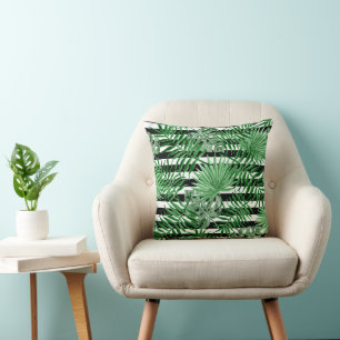 Coussin Feuilles de palme tropicales Motif de rayures blan