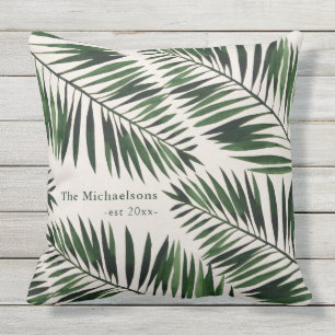 Coussin Feuilles de palme vert chic sur couleur naturelle