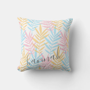 Coussin Feuilles de palmier bleu rose jaune aquarelle mode