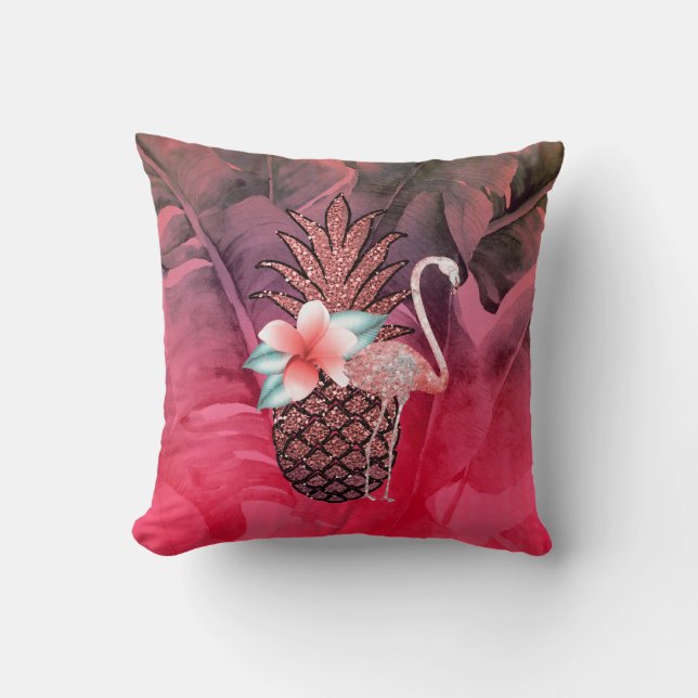 Coussin Feuilles de palmier deananas pailleté tropical ros (Recto)