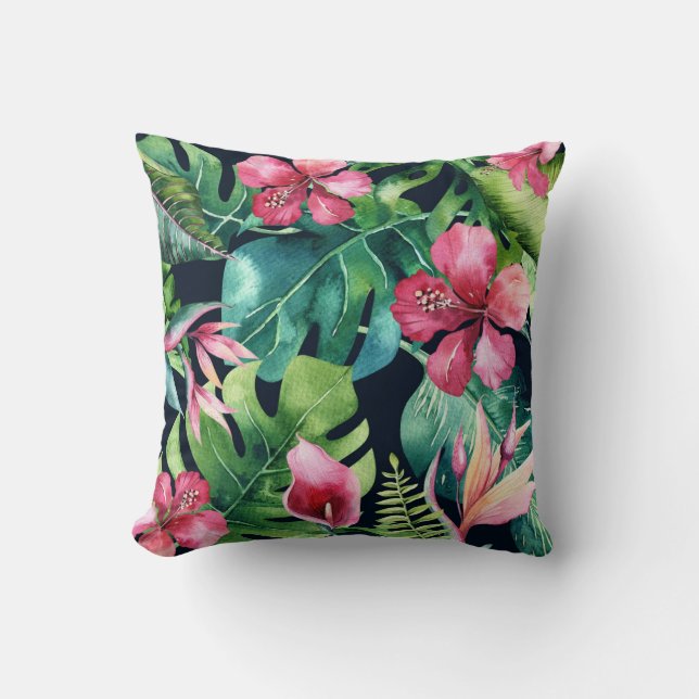 Coussin Feuilles de palmier tropical foncé Hibiscus floral (Recto)
