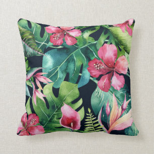 Coussin Feuilles de palmier tropical foncé Hibiscus floral