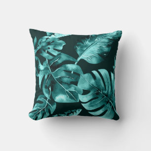 Coussin Feuilles de palmier tropical noir et sarcelle Été