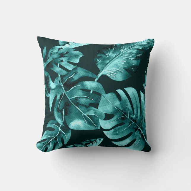 Coussin Feuilles de palmier tropical noir et sarcelle Été  (Recto)
