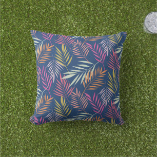 Coussin Feuilles de palmier tropicales d'été sur fond bleu