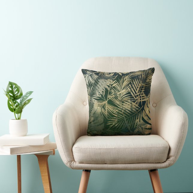 Coussin Feuilles de palmier tropicales vertes et dorées (Chaise)