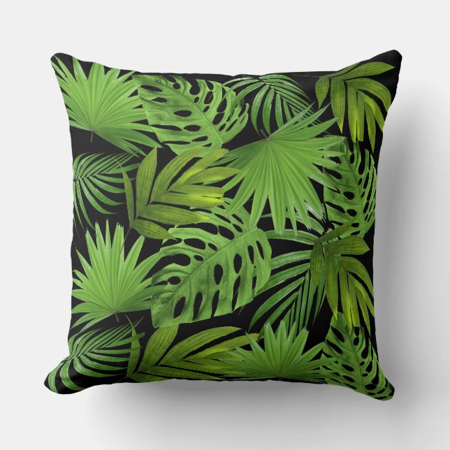 Coussin Feuilles de palmier vertes sur fond noir (Recto)