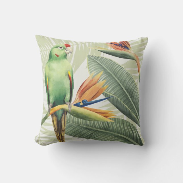 Coussin Feuilles De Palmiers Avec Oiseau Vert (Recto)