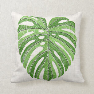 Coussin Feuilles de palmiers brodés. Monstère tropicale ve