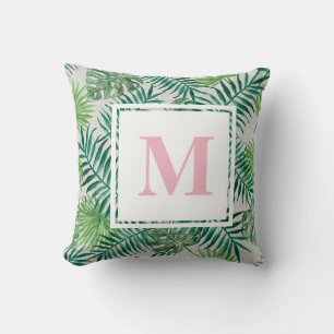Coussin Feuilles de palmiers tropicaux   Monogramme rose
