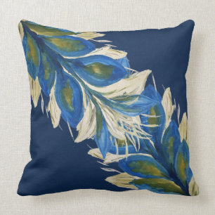 Coussin Feuilles de paon bleu Aquarelle marine peinte à la