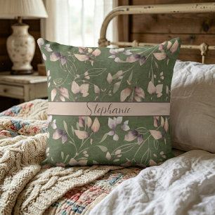 Coussin Feuilles De Pierre Rose Et Or Élégants Sur Vert