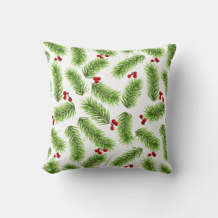 Coussin Feuilles de pin vertes de Noël et baies rouges sur