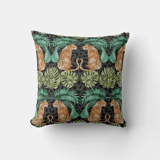 Coussin Feuilles de tigres : Aquarelle Jungle sans joint. (Recto)
