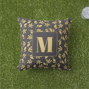 Coussin Feuilles dorées Monogramme noir Moderne Élégant