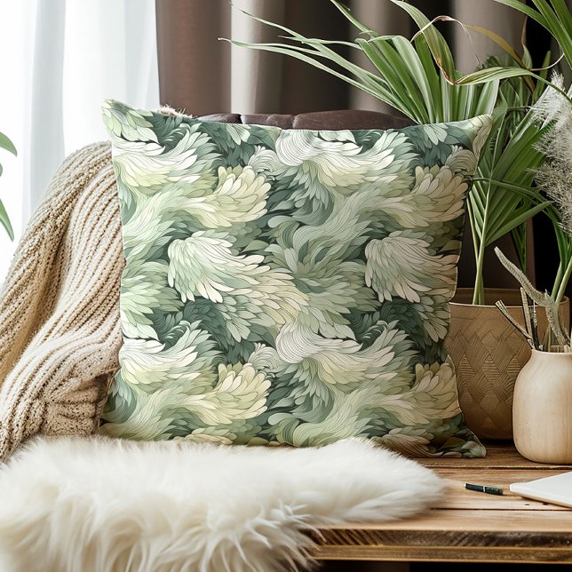 Coussin Feuilles Élégantes Nuances Vertes Botanique  (Elegant green feathery leaves decorator pillow)