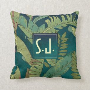 Coussin Feuilles élégants de palme sur monogramme Turquois