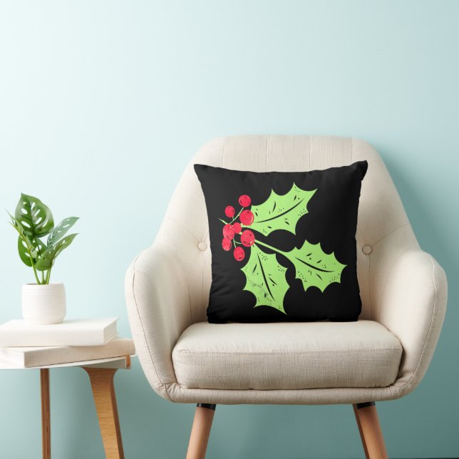 Coussin Feuilles et baies de houx à l'aquarelle (Chaise)