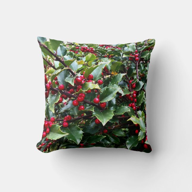 Coussin Feuilles et baies de houx botanique de Noël (Recto)