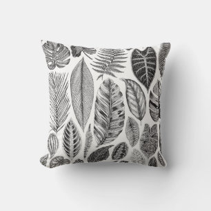 Coussin Feuilles exotiques, vintage floral noir et blanc.