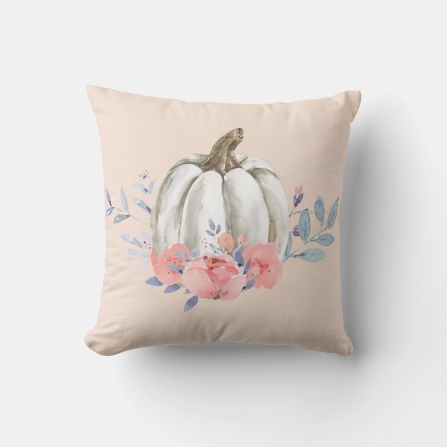 Coussin Feuilles Florales Rose Clair Aquarelle Citrouille  (Recto)
