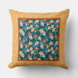 Coussin Feuilles Ginkgo sur Ocean Blue avec bordure or
