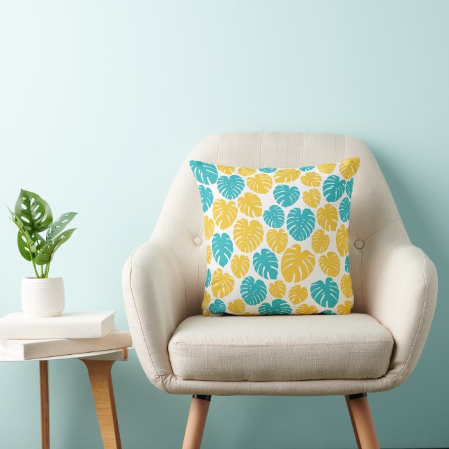 Coussin Feuilles Monstera en Turquoise, Jaune et Blanc (Chaise)