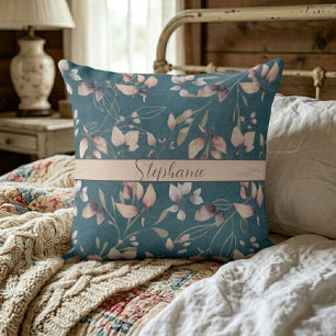 Coussin Feuilles Stylés En Pierre Rose Et Or Sur Bleu