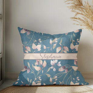 Coussin Feuilles Stylés En Pierre Rose Et Or Sur Bleu