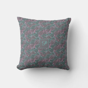 Coussin Feuilles stylisées rose et turquoise motif gris