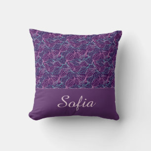 Coussin Feuilles stylisées rose et turquoise motif violet 