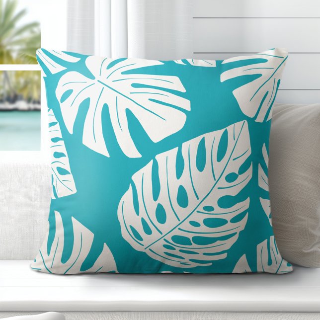 Coussin Feuilles Tropical Aqua Blue White Palm Monstera (Elevate Your Décor: Discover our Gorgeous Coastal Throw Pillows by Totally Coast)