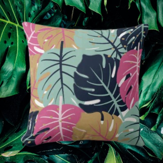 Coussin Feuilles Tropical Palm en rose et bleu | Décorativ (Créateur téléchargé)