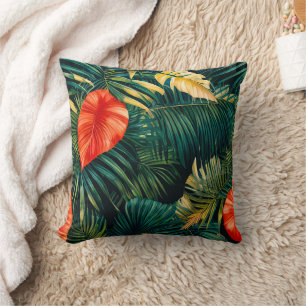 Coussin Feuilles tropicales colorées et fleurs d'Hibiscus
