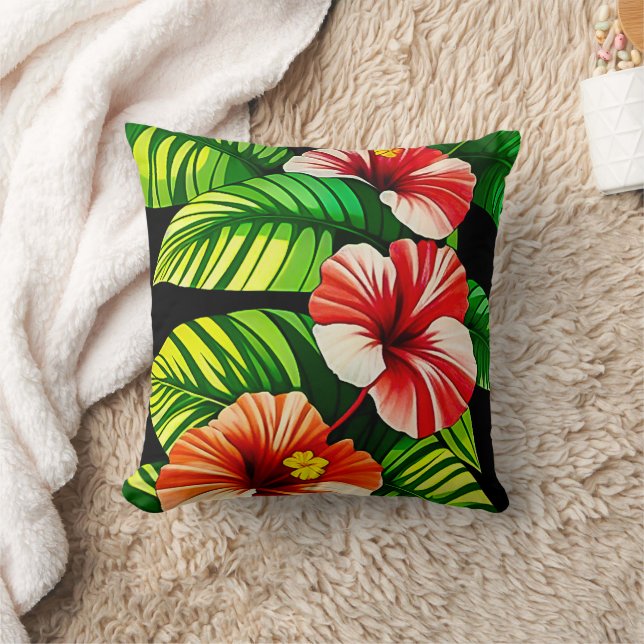 Coussin Feuilles tropicales colorées et fleurs d'Hibiscus  (Couverture)